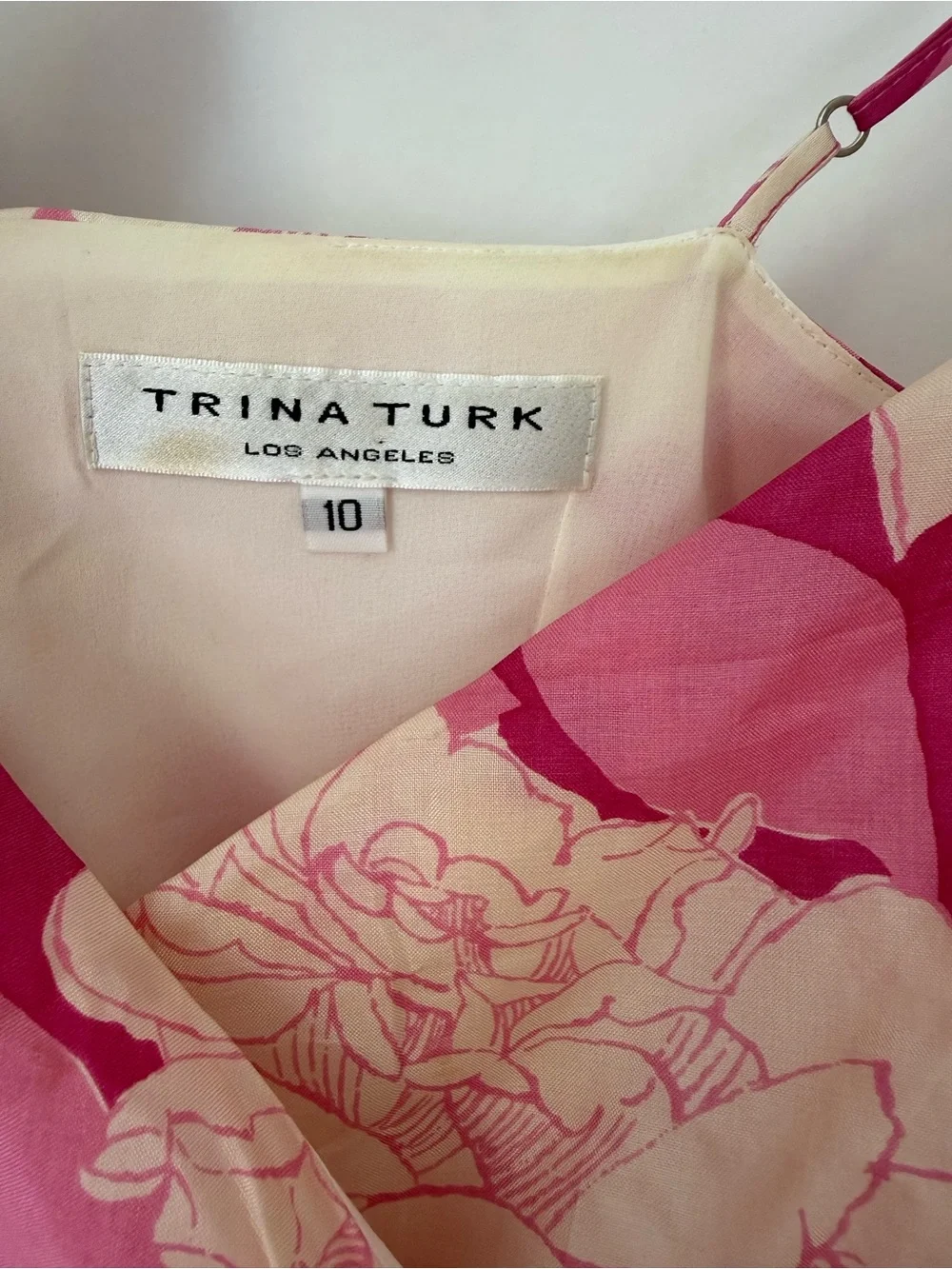 Trina Turk Silk Floral Dress Pink Cream Size 10 Made USA - Picture 5 of 7